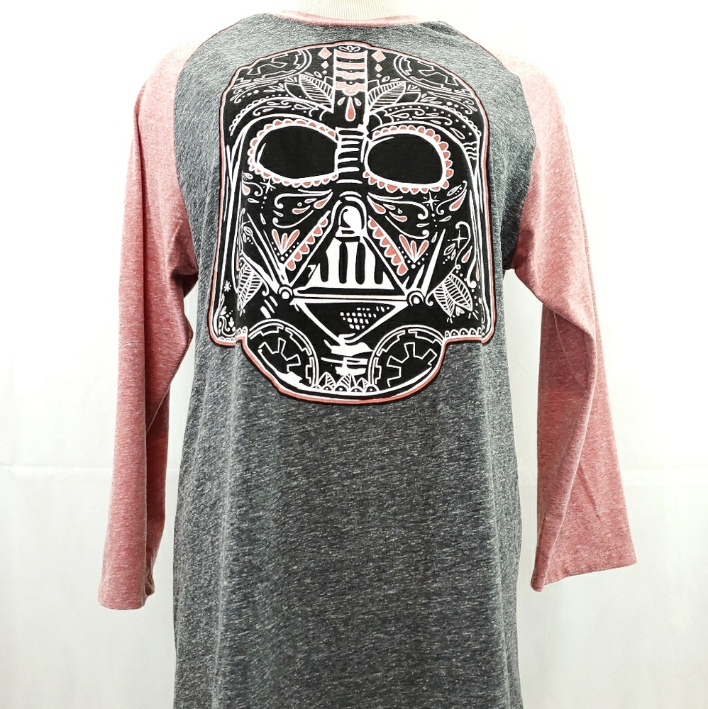 Fifth Sun Star Wars Women Tee Darth Vader Graphic Raglan Pink Gray Top
